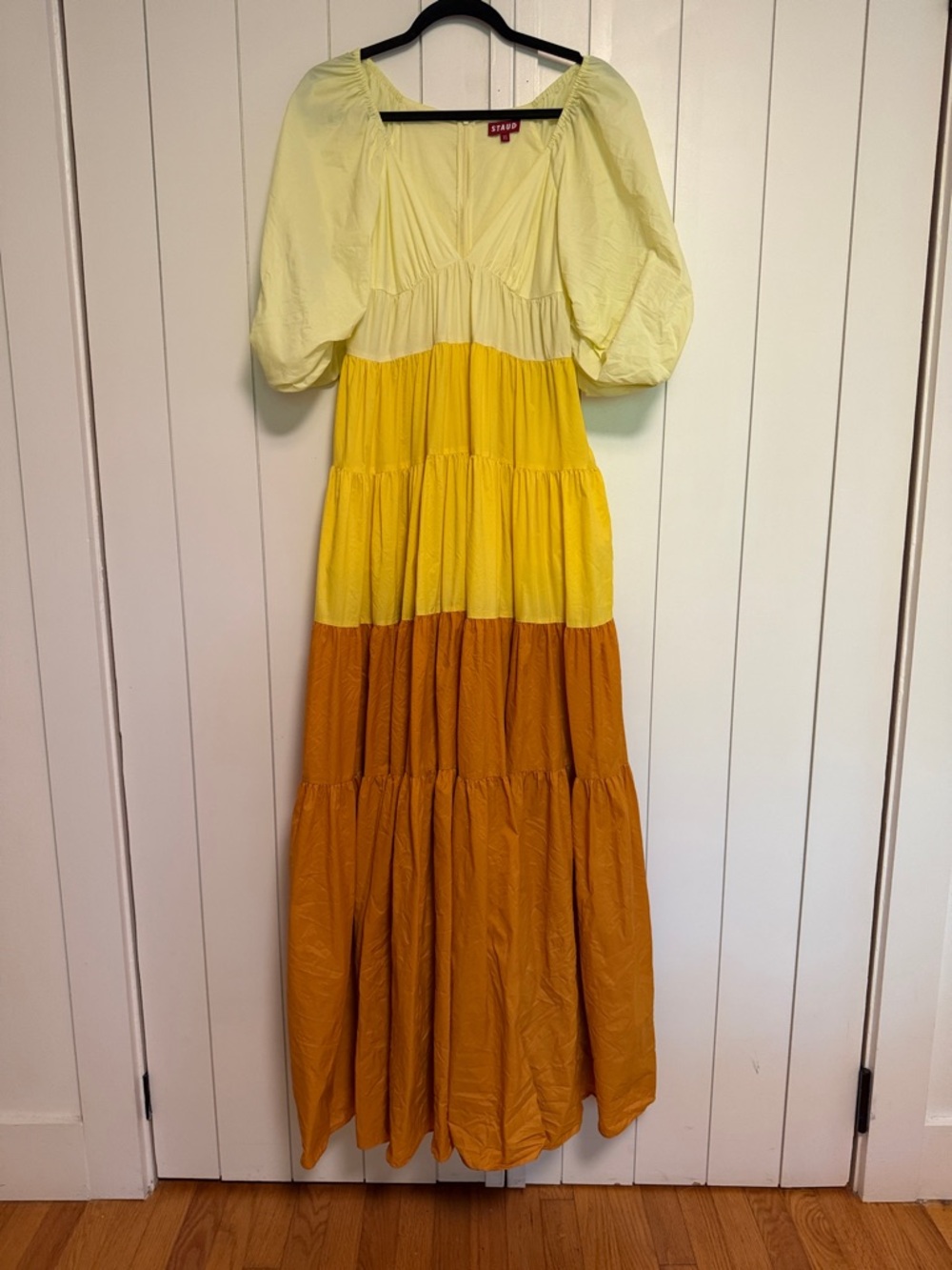 STAUD Yellow-to-Orange Colorblock Tiered Puff-Sleeve Maxi Dress